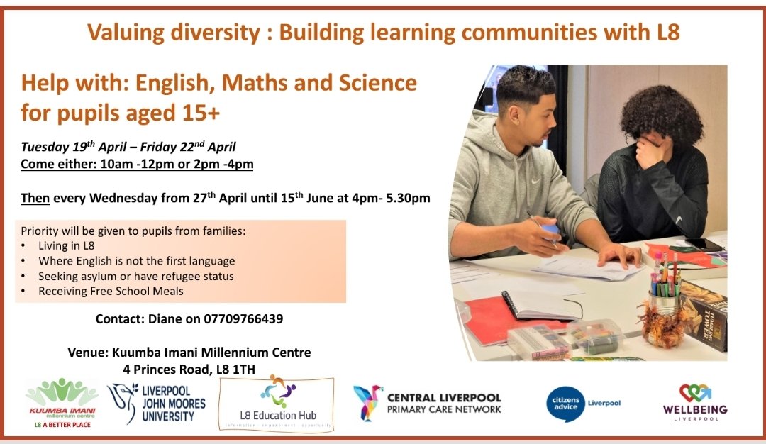 Free sessions to help with English, Maths &amp; Science continue <a href="/Kuumba_Imani/">Kuumba Imani</a>. See poster for details and make contact! 📚✏️📚
<a href="/L8abetterplace/">L8 A Better Place</a> 
<a href="/TomLogan00/">Tomás Logan</a> 
<a href="/KimJohnsonMP/">Kim Johnson</a> 
<a href="/asfahos/">ASFA Head of School</a> 
<a href="/MSAGL8/">Mulgrave Street Action Group CIC</a> 
<a href="/abblanchschool/">Archbishop Blanch</a> 
@Tiber_org 
<a href="/M_Charters/">Michelle Charters OBE</a> 
<a href="/rahima_farah/">Rahima farah</a>