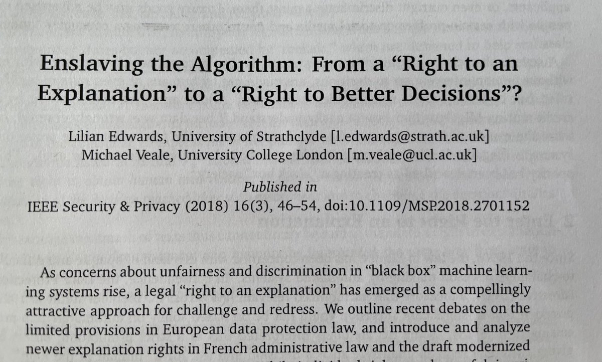 Thank you for an excellent paper ⁦@lilianedwards⁩ & ⁦@mikarv⁩ #algorithmicmanagement @machinelearning on the transparency fallacy for individual privacy. Super important for research on workers as well. ❤️