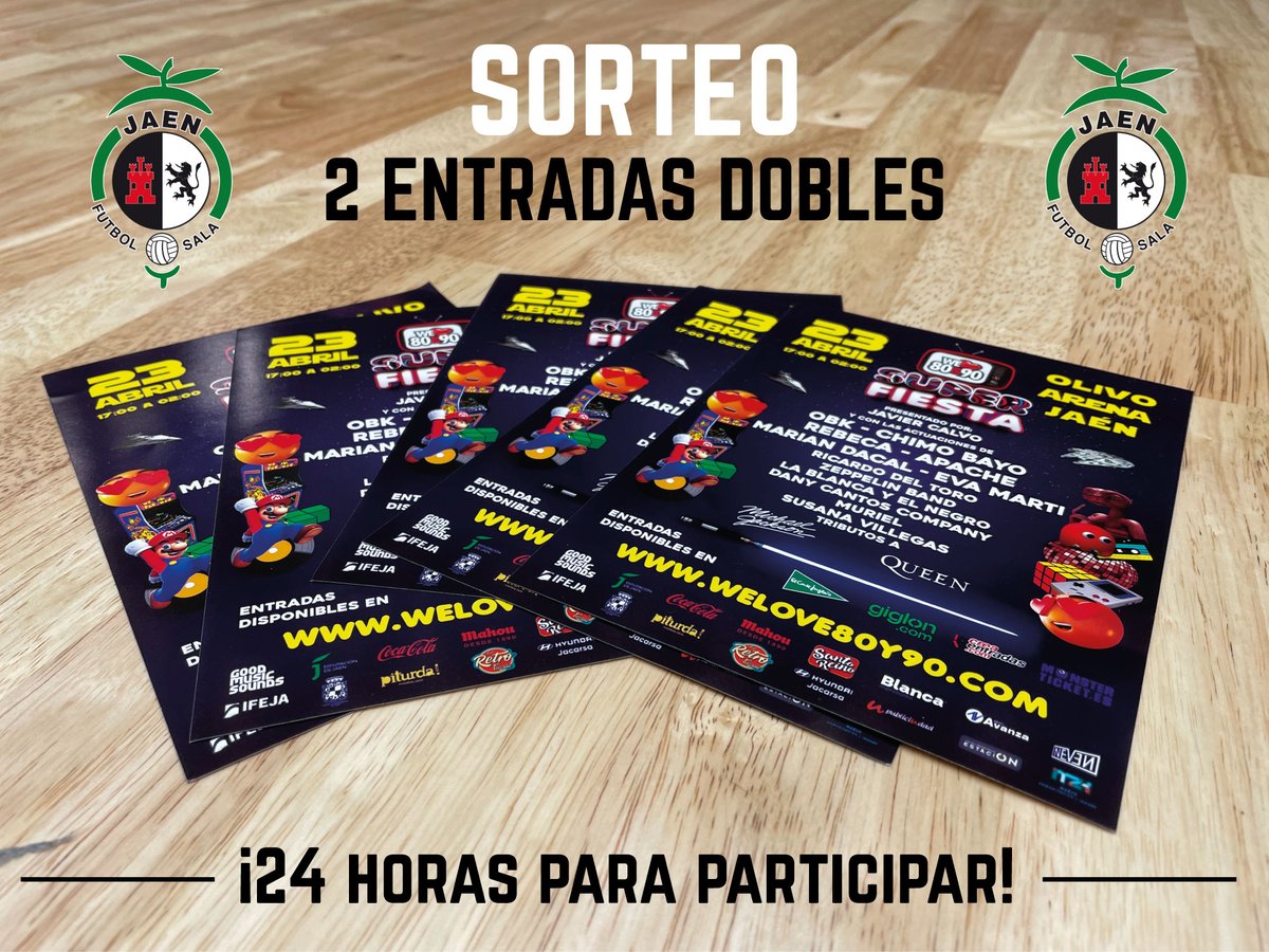 🎁 ¡SORTEO WeLove 80&amp;90 Súper Fiesta!

👉 2 entradas dobles modalidad VIP

🔒 Tres requisitos para participar:

1⃣ Sigue a <a href="/JaenFS/">Jaén Paraíso Interior FS</a>
2⃣ RT y MG a este tweet
3⃣ Menciona a dos amig@s

🗓️ ¡Mañana a las 12:00 h. anunciaremos los ganadores!

#SomosJaén💛