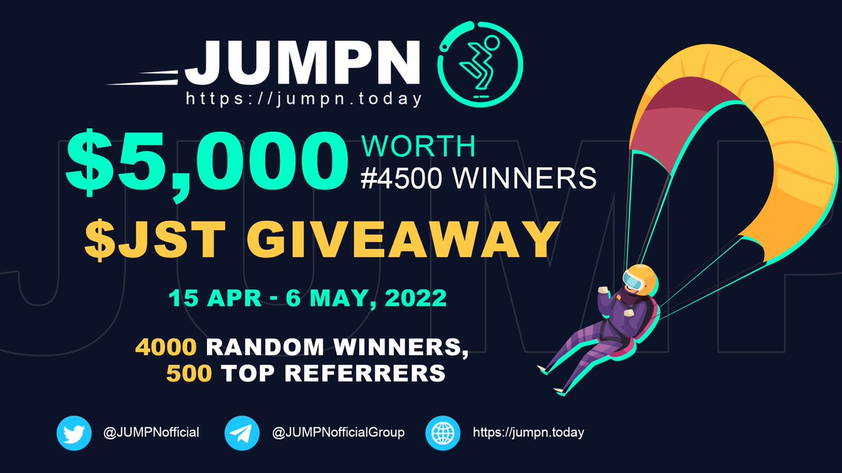 #Airdrop: JUMPN (JST)
Prize Pool: $5,000 worth of JST
Reward: 100,000 JST 
Referral: 200,000 JST
Winners: 4,000 random + top 500 referrers

Airdrop Link: t.me/JUMPNAIRDROP_b…

- Follow @JUMPNofficial
- Distribution date: May 07, 2022

Website: jumpn.today