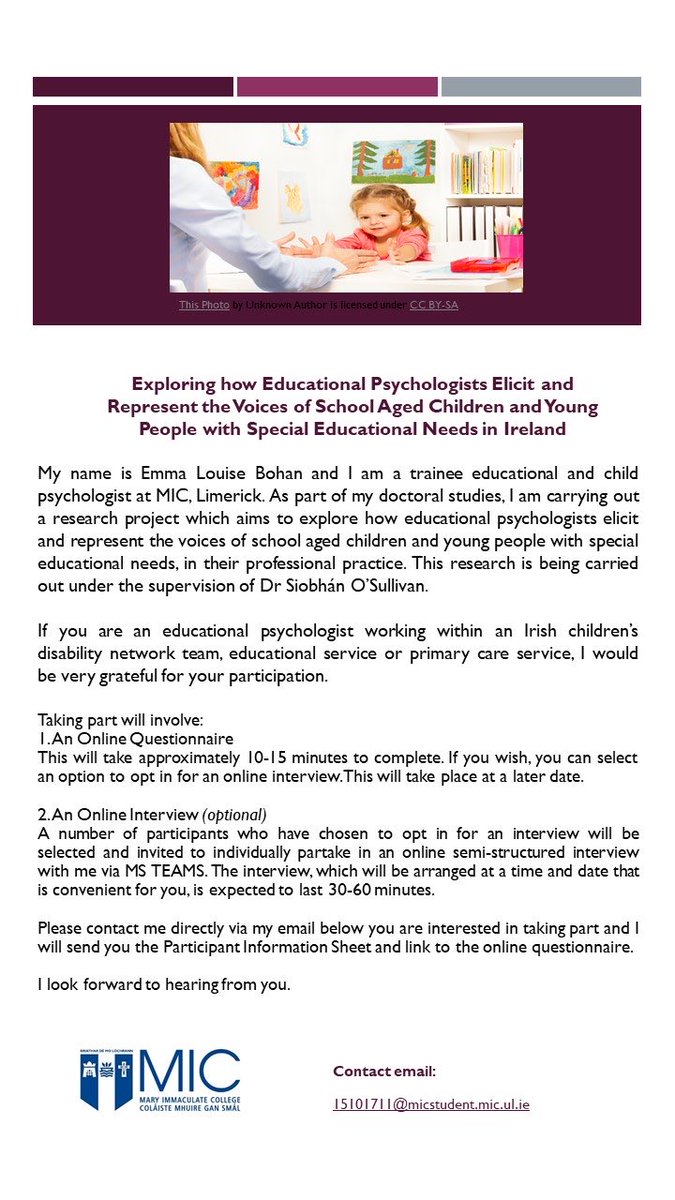 I am looking for EPs working across Irish disability (CDNTs), educational and primary care services to take part in my DECPsy research.
Please retweet and share! 🌟 #TwitterEPs <a href="/PsychologyMIC/">Psychology@MIC</a>