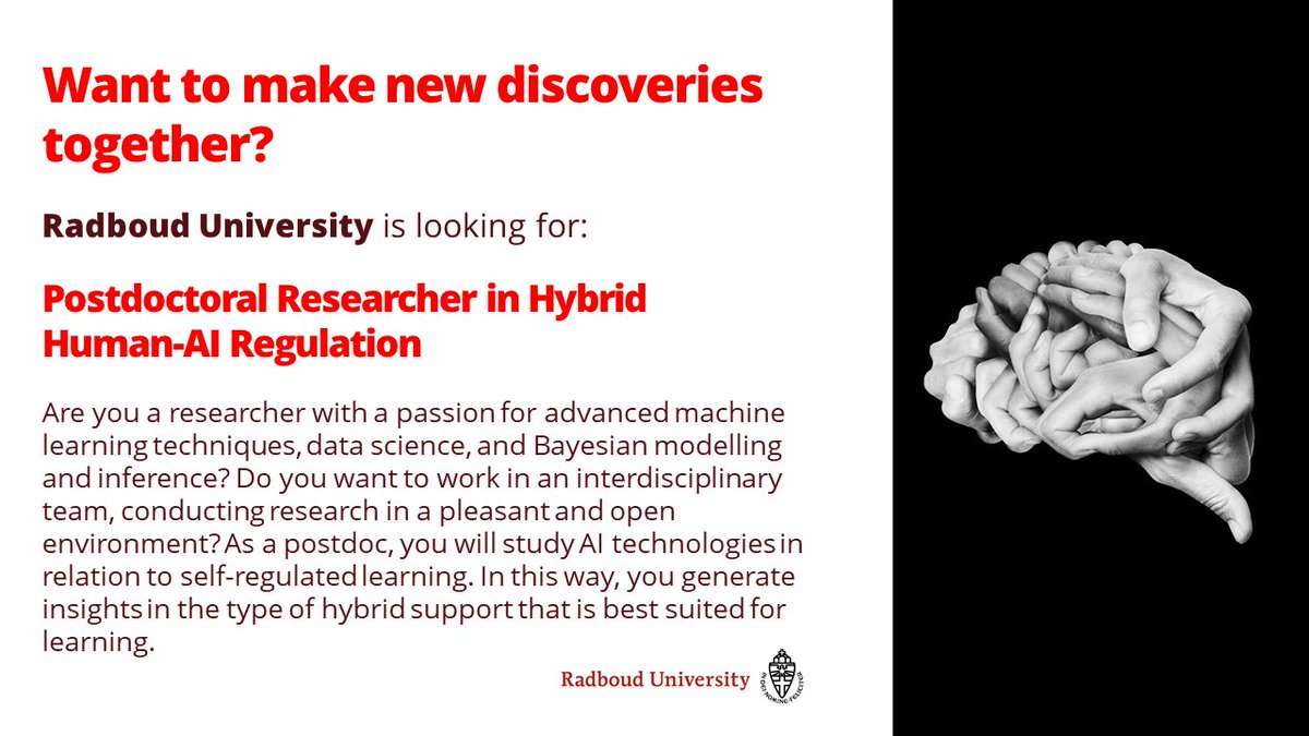 We are hiring! 
Looking for an enthusiastic PhD and Postdoc to join our @LabAdaptive @Inge_molenaar @Radboud_Uni  
#AI #SelfRegulatedLearning #Teacherdashboards #AdaptiveLearningTechnology 
#jebentnodig