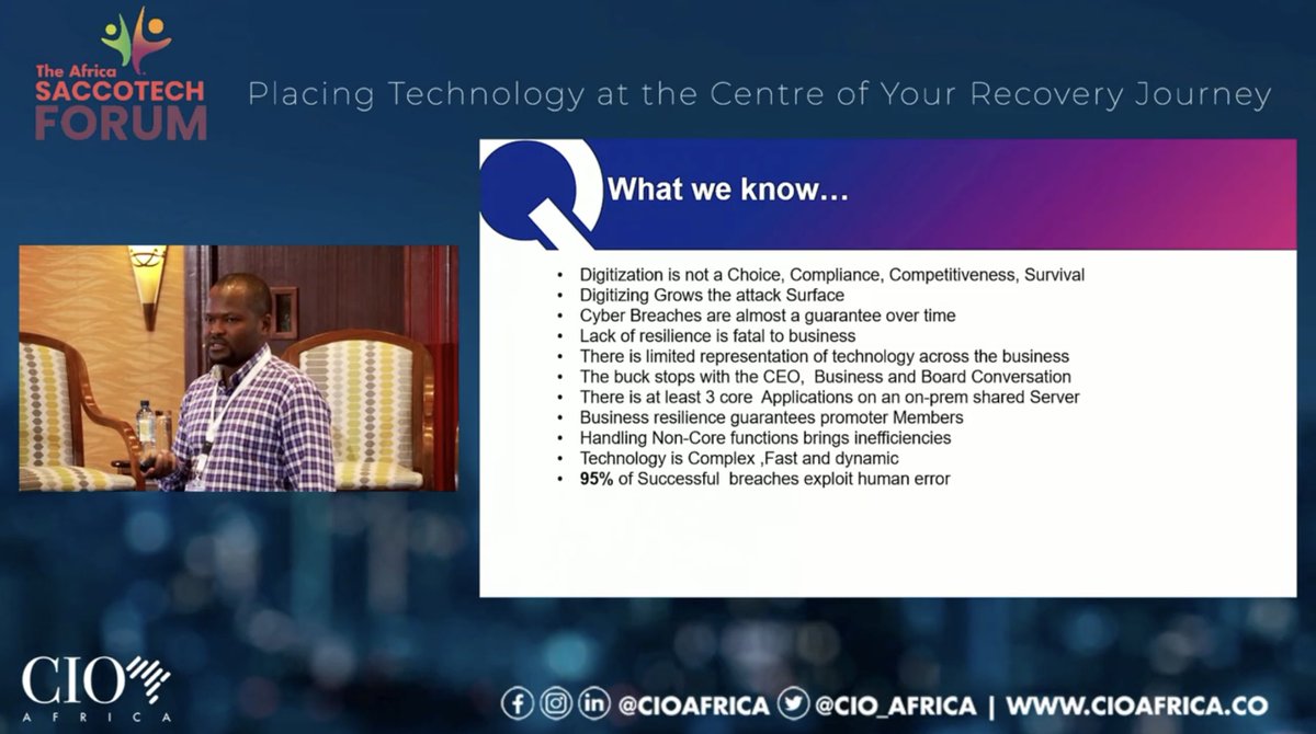 LiquidInTech's tweet photo. Our very own Richard Muthua' insights on how SACCOs can digitally transform:
- change mindsets
- modernize systems, software &amp; infrastructure
- Identify critical data, people, systems &amp; possible vulnerabilities
...
#CIOSaccotech #WeAreLiquid https://t.co/PnpTD0nmYr