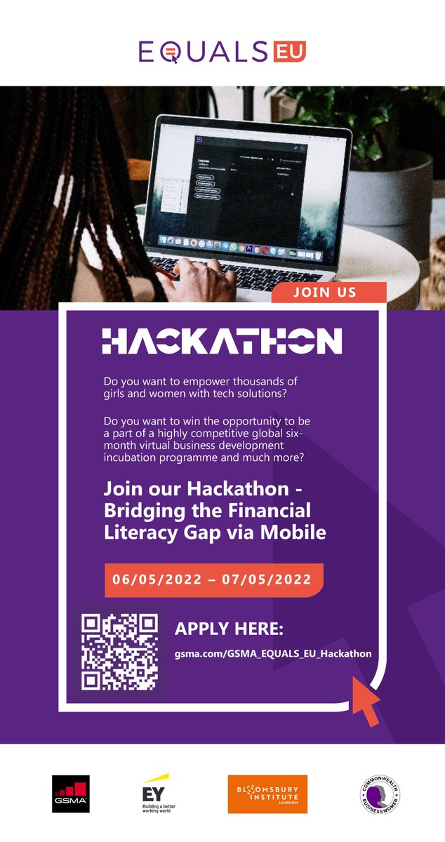 GSMAPolicy's tweet photo. Do you want to empower thousands of #girls and #women with tech solutions enabling them
to become digitally & financially literate? We’ll be hosting an @Equals_EU Hackathon
Bridging the Financial Literacy Gap via Mobile. Register here➡https://t.co/eNDaeqScuL #EqualsEUHackathons https://t.co/Jxx1JTGfYu