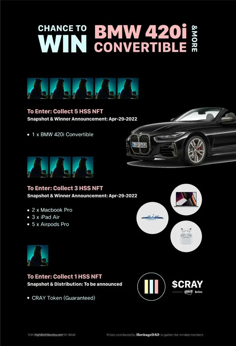 B.ARMY (@barmygroup) on Twitter photo Follow the <a href="/HighSloths/">High Sloth Society</a> community to party and play for a chance to win a BMW, Macbooks and other prizes 🎁
📌 Join discord and get a chance to win the whitelist:
discord.com/invite/crayonD…
👉 Link for whitelist registration here:
gleam.io/S9SBo/high-slo… Follow the <a href="/HighSloths/">High Sloth Society</a> community to party and play for a chance to win a BMW, Macbooks and other prizes 🎁
📌 Join discord and get a chance to win the whitelist:
discord.com/invite/crayonD…
👉 Link for whitelist registration here:
gleam.io/S9SBo/high-slo…