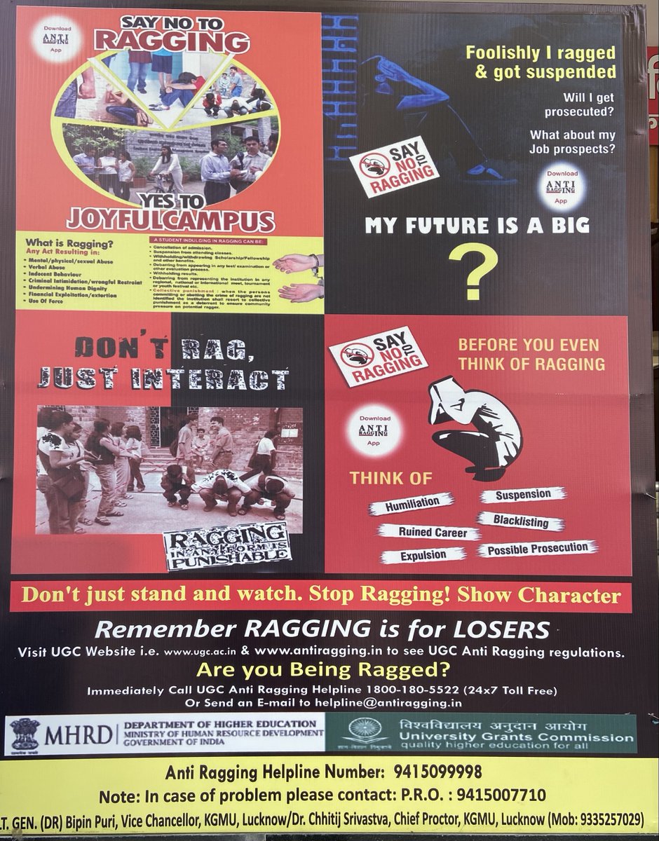 kgmu_medical's tweet photo. SAY NO TO RAGGING 👉Be our buddies in spreading messages of 🗣 #NoToRagging
Ragging is Strictly prohibited in KGMU #zerotolerance to #ragging
#AntiRaggingHelpline @EduMinOfIndia
@anandibenpatel @brajeshpathakup https://t.co/LtrAnh81pI