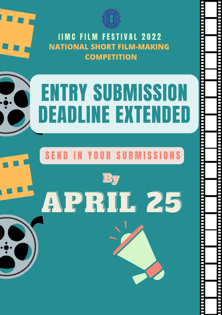 Dear film makers the date of sending your entries has extended from 22nd April 2022 to 25th April 2022.

Buck up!! Film the best

Registration link:  docs.google.com/forms/d/e/1FAI…

#AzadiKaAmritMahotsav #IIMCFF #SpiritofIndia #ShortFilmFestival #ShortFilmCompetition <a href="/sangpran/">Dr Sangeeta Pranvendra</a>