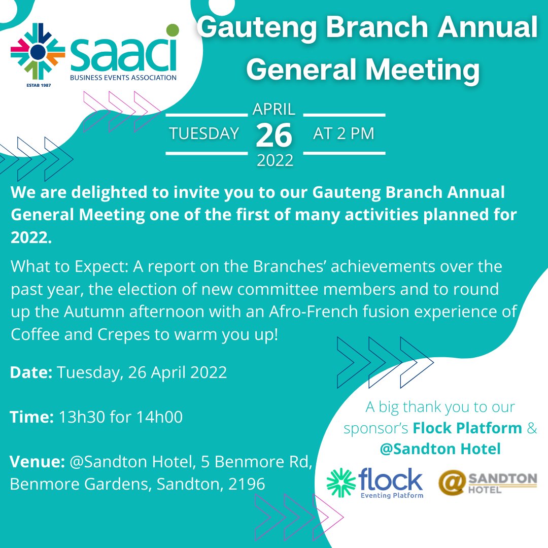 Join us at the SAACI Gauteng Branch AGM on Tuesday 26 April 2022 at the @atsandtonhotel in Benmore! Registration for the event is on ow.ly/GiMn50IOoR8