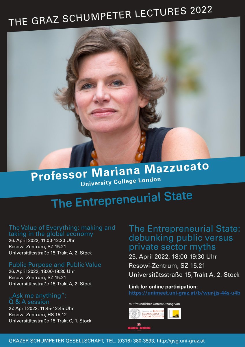 Mariana Mazzucato (@mazzucatom) on Twitter photo I was invited to give the 2020 <a href="/UniGraz/">Uni Graz/University of Graz</a> 𝗦𝗰𝗵𝘂𝗺𝗽𝗲𝘁𝗲𝗿 𝗟𝗲𝗰𝘁𝘂𝗿𝗲𝘀 but due to the pandemic this was postponed. I am delighted to be finally heading to Graz next week to give four lectures.
Join in person or watch via livestream here unimeet.uni-graz.at/b/wur-jjs-44s-… I was invited to give the 2020 <a href="/UniGraz/">Uni Graz/University of Graz</a> 𝗦𝗰𝗵𝘂𝗺𝗽𝗲𝘁𝗲𝗿 𝗟𝗲𝗰𝘁𝘂𝗿𝗲𝘀 but due to the pandemic this was postponed. I am delighted to be finally heading to Graz next week to give four lectures.
Join in person or watch via livestream here unimeet.uni-graz.at/b/wur-jjs-44s-…