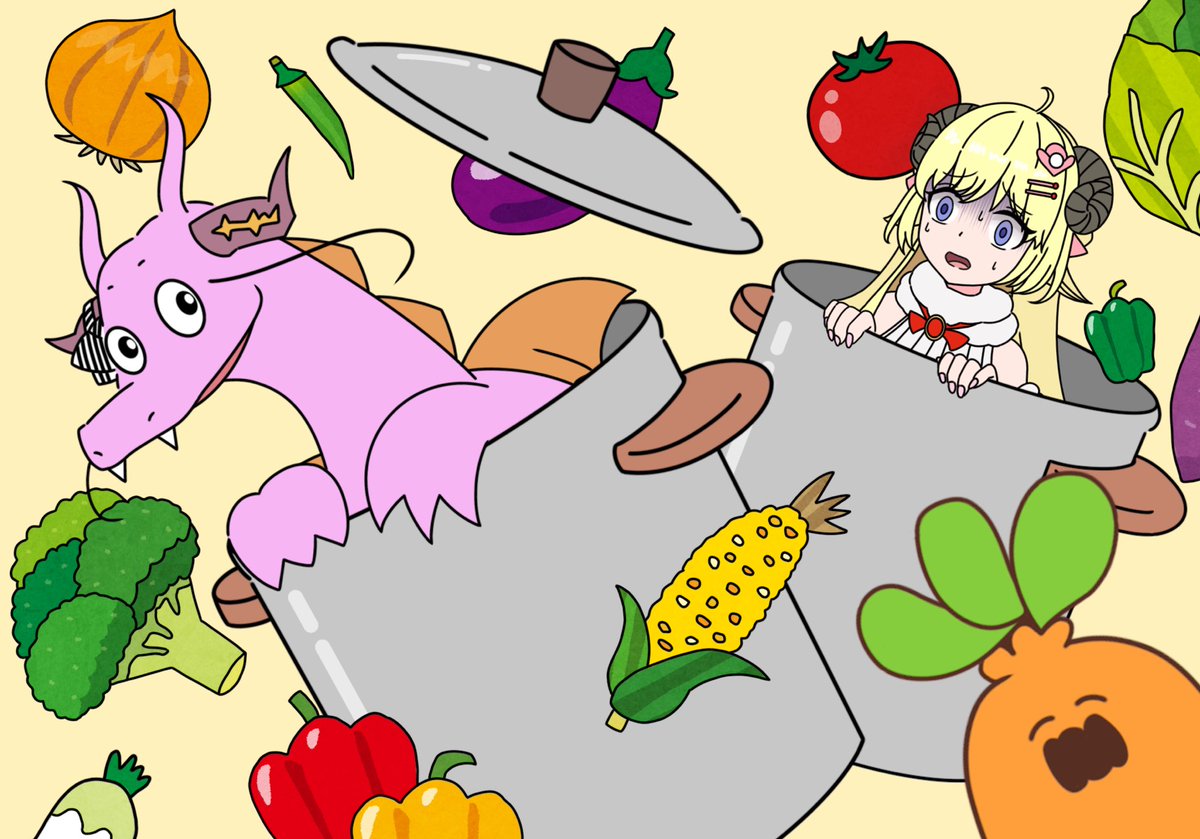 kiryu coco ,tsunomaki watame horns blonde hair 1girl hair ornament hairclip sheep horns food  illustration images