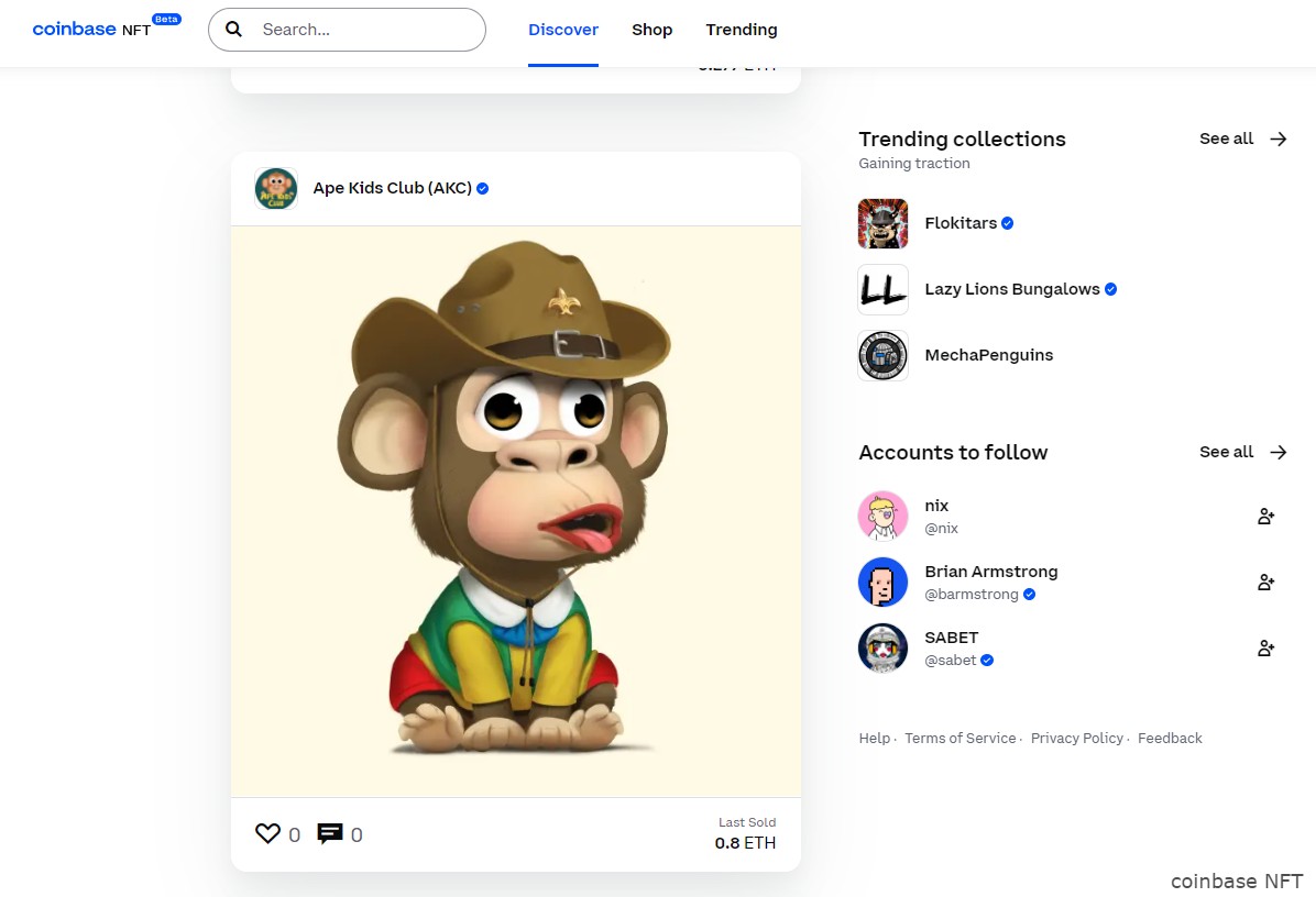 #Coinbase launches #NFTmarketplace for some U.S. users in beta mode, with NFT collections on the #Ethereum #blockchain. According to their Product Lead, Coinbase will curate and showcase a number of NFT collections like #Doodles, #WorldofWomen and #Azuki.