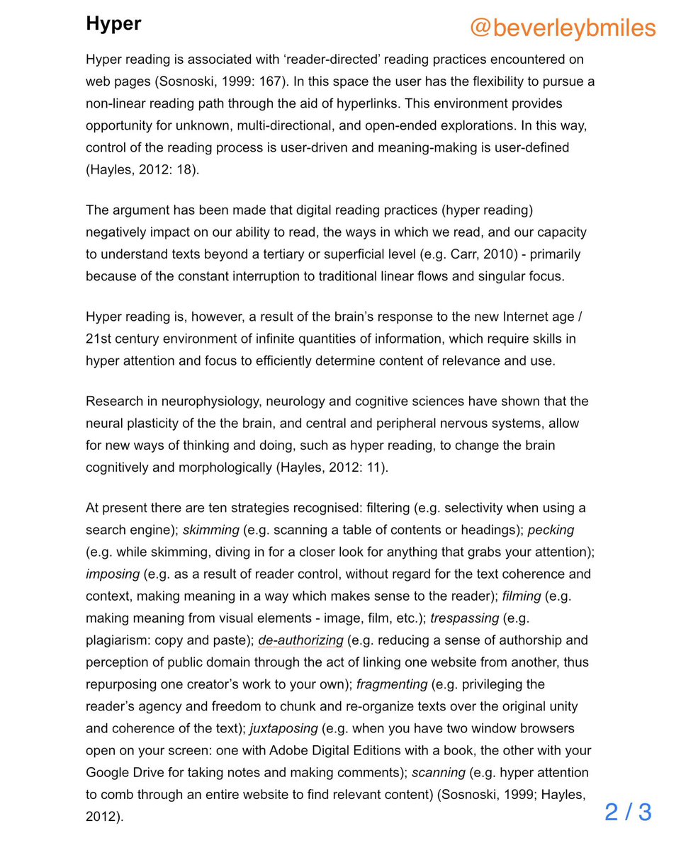 BeverleyBMiles's tweet image. If you would like to go full-nerd, check out:

Reading In The Digital Age ( @UniBasel_en via @FutureLearn )
futurelearn.com/courses/readin…

Hayles (2012). How We Think: Digital Media &amp;amp; Contemporary #Technogenesis

#EdChat #DigitalReadingPractices #SocialReading #HyperReading