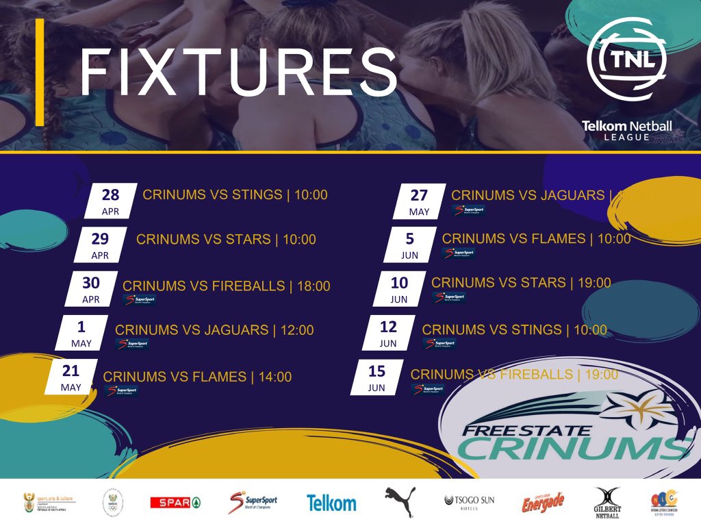 2022 TELKOM NETBALL LEAGUE CRINUMS FIXTURES
It is so close we can almost smell it! 
TNL 2022 is on it’s way! 

Just to make ensure you don’t miss a minute of the action, check out the fixtures /schedule (subject to change).

#TelkomNL #TNLisBack Telkom Netball South Africa