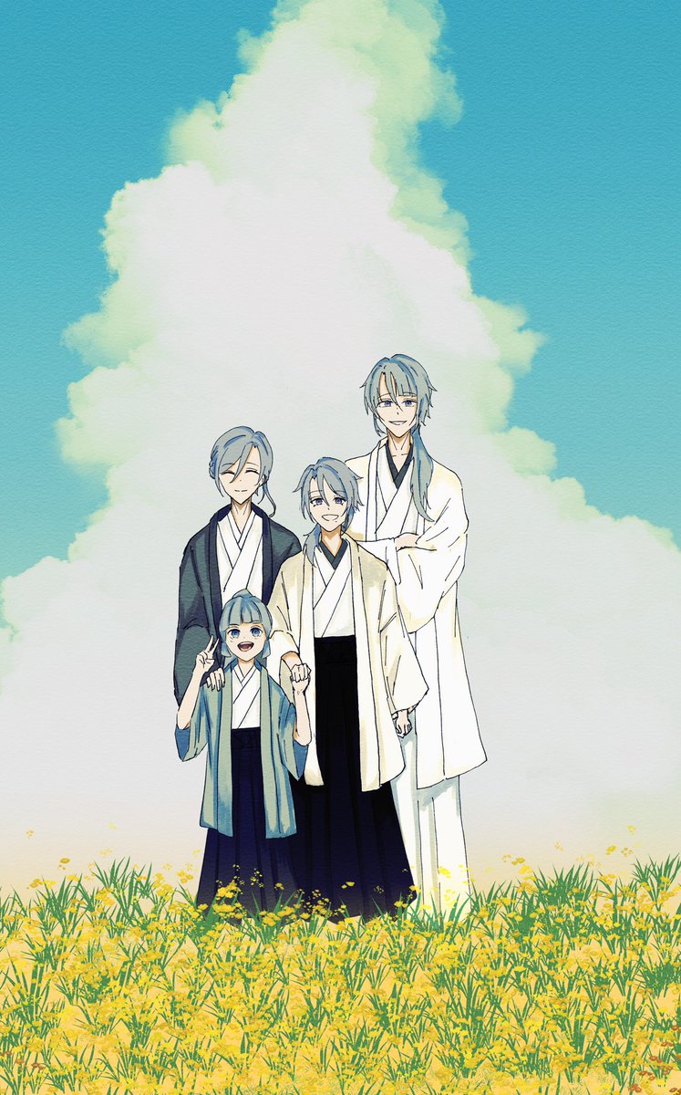 kamisato ayato multiple boys japanese clothes haori brother and sister father and son smile blue hair  illustration images