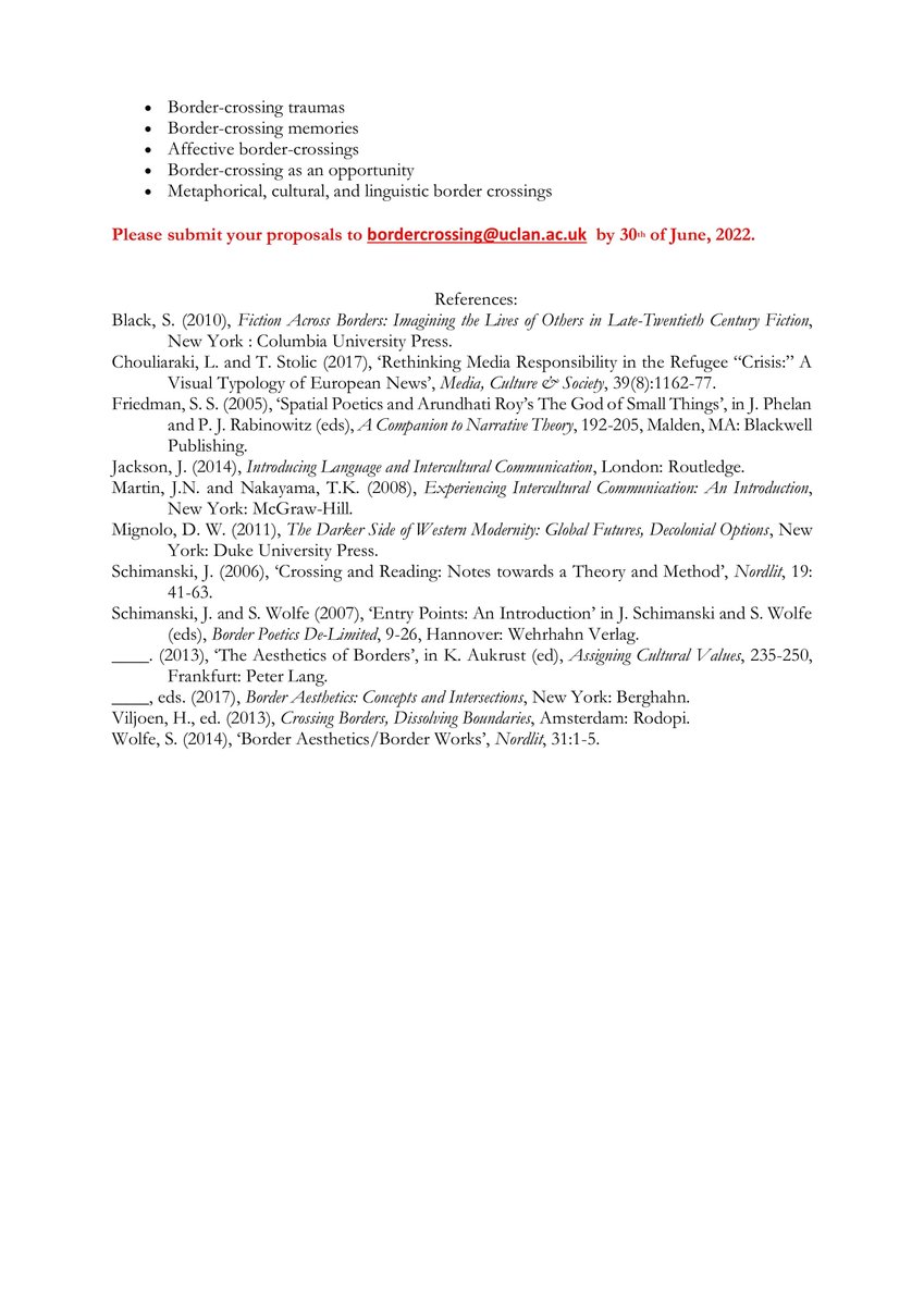 📣Call for papers: Representations of Border Crossings in Media, Literature, and the Arts.
International Academic Conference, 15-16 December 2022. More information below: