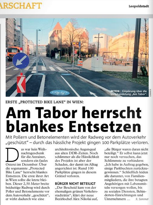 wolf_kamp's tweet photo. In #Wien haben wir eine einzige derartige Anlage. Die #protectedbikelane #AmTabor. Wurde 2020 unter der Grünen #BVLichtenegger errichtet. Wird wohl bis 2025 die einzige bleiben. Der neue #Bezirksvorsteher der #SPÖ lehnt sie vehement ab. 80 Parkplätze!!! @grueneleo @bernhard_seitz https://t.co/KDC1FajVuh