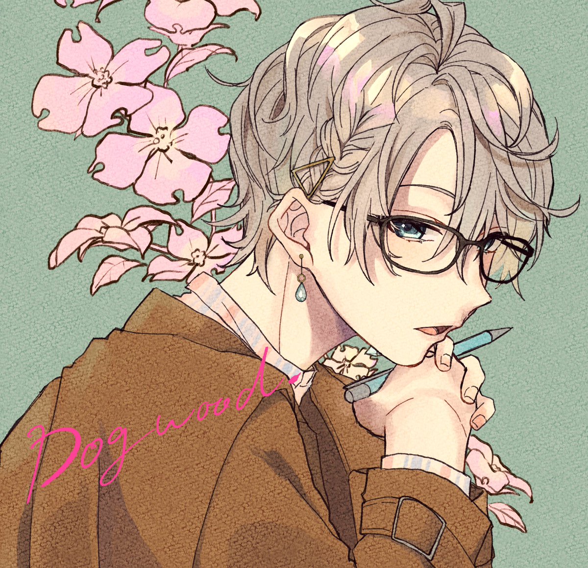 solo glasses earrings jewelry male focus 1boy flower  illustration images