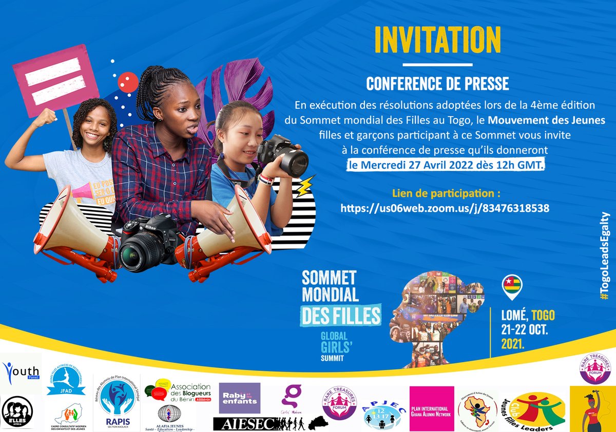 Saviez-vous qu'à la suite du Sommet Mondial des Filles 2021, un Mouvement de Jeunes a été mis sur pied afin de défendre💪les intérêts des filles ?

Participez à la conférence de presse que ces jeunes, donneront le 27 Avril dès 12h GMT !
👉fb.me/e/1y3yVLPCX
#TogoLeadsEgality