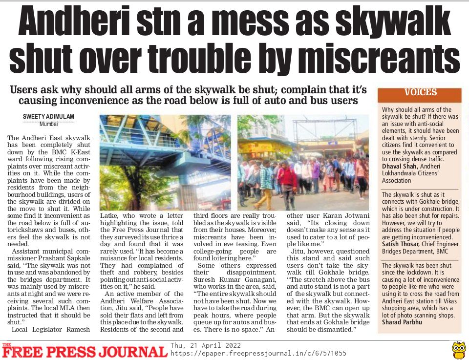 AdimulamSweety's tweet image. People staying in vicinity bldgs of #AndheriE_Skywalk have complaint over trouble by miscreants following which the Skywalk has been completely closed down. @fpjindia talks to users who are divided on the move to shut it 

@rameshlatke @AndheriLOCA @mybmc @mybmcWardKE