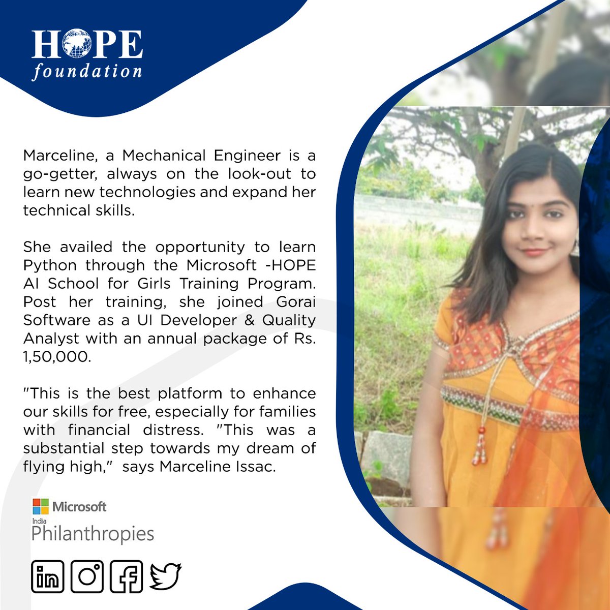HopeIndia_ww's tweet photo. MEET Marceline, a beneficiary of the MICROSOFT- HOPE AI training program.
#bringinghopechanginglives #growthroughwhatyougothrough #writeyourownstory #communitybuilding #helpingthecommunity
#HOPEfoundation #training #ai #microsoft #skilldevelopmentindia https://t.co/aVOtB3YgNn