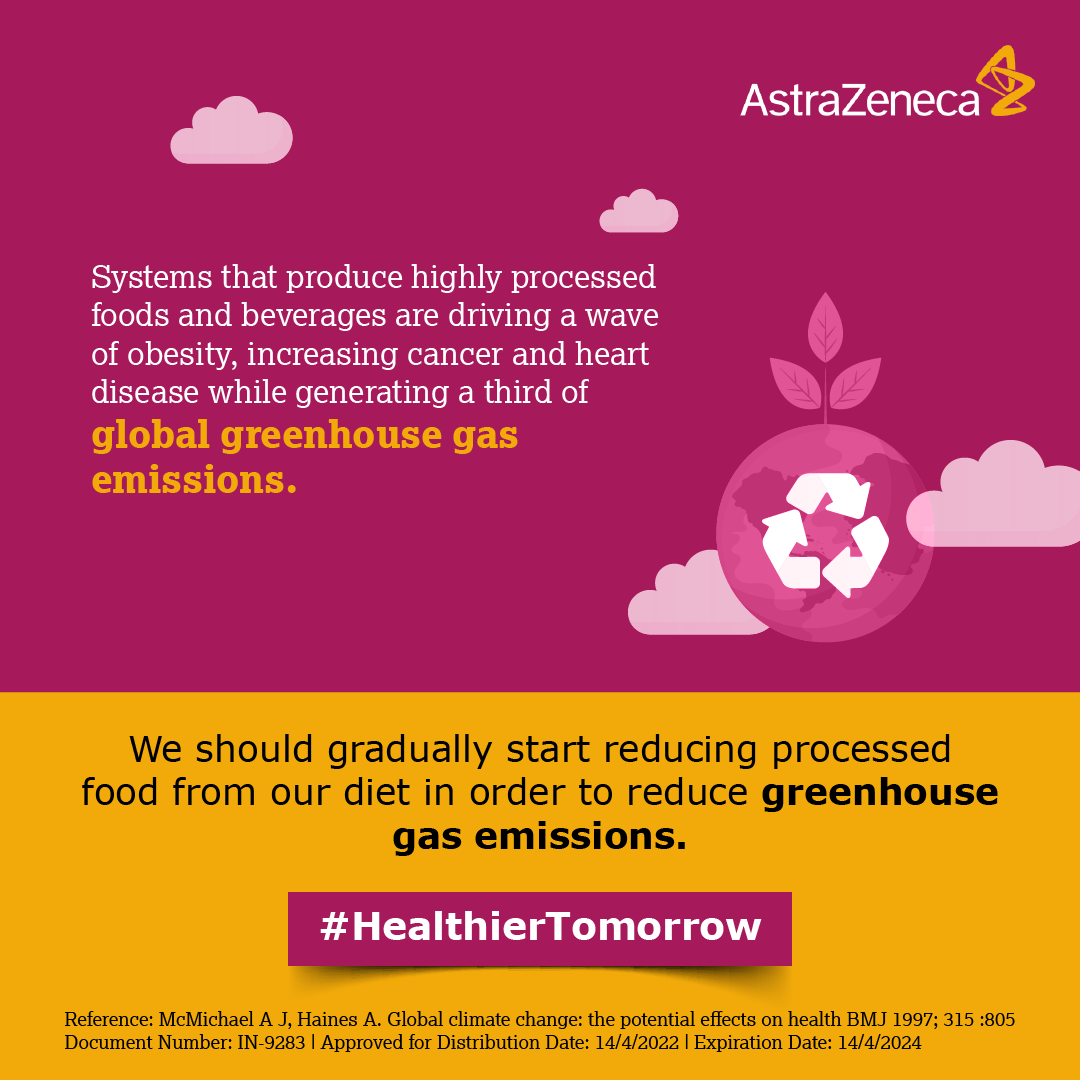 AstraZenecaIn's tweet photo. Waste produced from highly processed products severely affects the environment. Choosing healthier habits will help us reduce greenhouse gas emissions for a #HealthierTomorrow #WorldHealthDay2022 #OurPlanetOurHealth #ClimateChange https://t.co/d52CoT0vtx