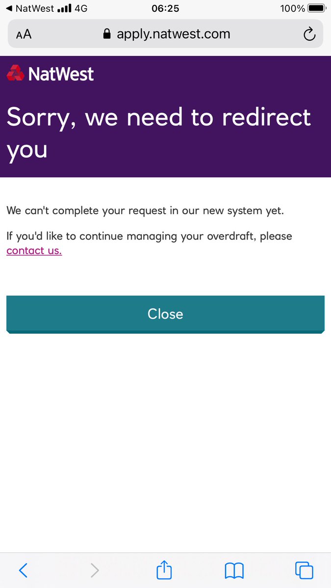 nikkixtx's tweet photo. @NatWest_Help I am trying to remove my overdraft, I keep getting this off the app and also the web … I made contact yesterday and the advisor said he has never come across this before…why am I being redirected? https://t.co/R0W8ct9mNP