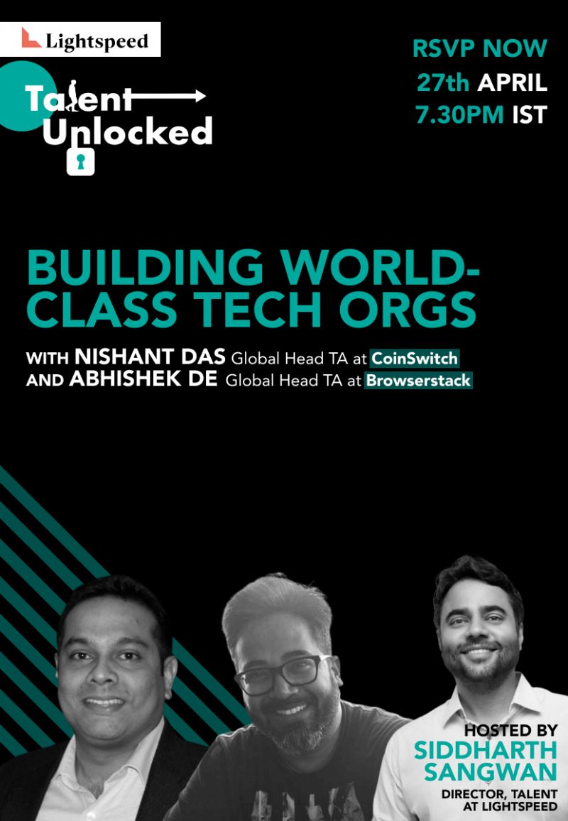LightspeedIndia's tweet photo. It’s time for an all-new #TalentUnlocked on 27 April at 7:30 pm IST! 📣

Join @sidsangwan as he discusses high-velocity #techrecruiting in a competitive environment with @CoinSwitchKuber’s @nishantdas and @browserstack’s #AbhishekDe.

Sign-up here: https://t.co/TnSA3LY9fv https://t.co/b7mPl73u8u