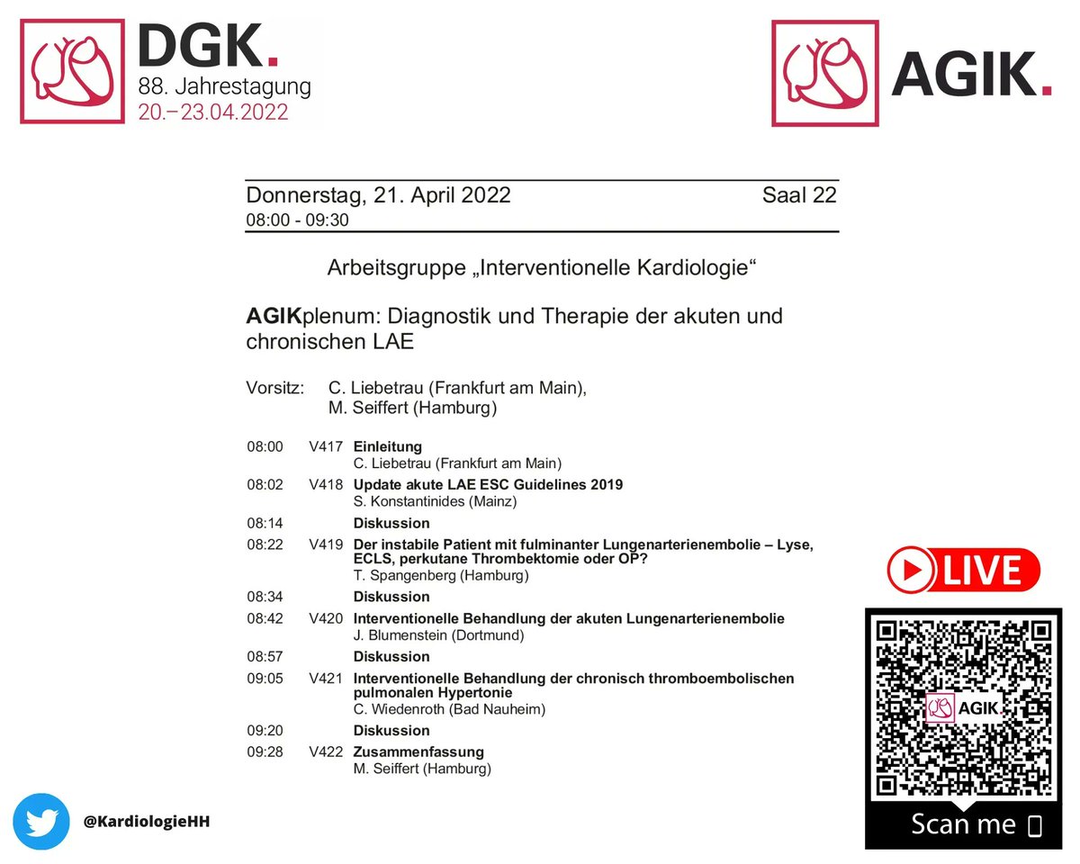 KardiologieHH's tweet photo. 🚨In 30 Minuten geht es los:
❤️#AGIKplenum-Session❤️
➡️AGIKplenum: Diagnostik und Therapie der akuten und chronischen LAE
🗓08:00 - 09:30 (CET)
🔗https://t.co/HHOy74mz16
#DGKJahrestagung @MoritzSeiffert https://t.co/W1rUMQrAxY
