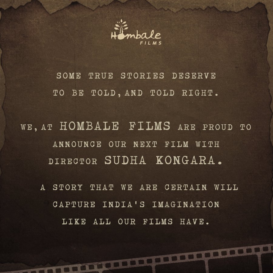 When two passionate entities join hands, magic is bound to happen on the big screens.

@Hombalefilms are proud to associate with @Sudha_Kongara, to bring a movie based on true events.

@VKiragandur @HombaleGroup

#HombaleFilmsxSudhaKongara

 https://t.co/uDI52SlNJL