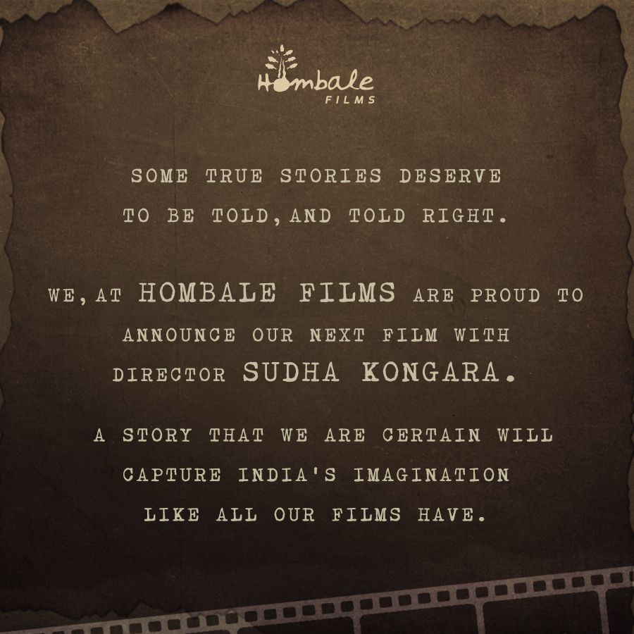 When two passionate entities join hands, magic is bound to happen on the big screens.

@Hombalefilms are proud to associate with @Sudha_Kongara, to bring a movie based on true events.

@VKiragandur @HombaleGroup https://t.co/wz1gE5WLtq