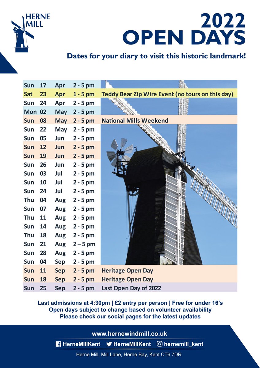 HerneMillKent's tweet photo. Dates for your diary!
Here is the Open Day calendar for Herne Mill this year.
Plan your visits to this historic landmark throughout 2022 - we look forward to welcoming you soon! ☀️
#hernemill #hernewindmill #opendays #restoration #architecture #historic #landmark #hernebay https://t.co/opZLtxAD0q