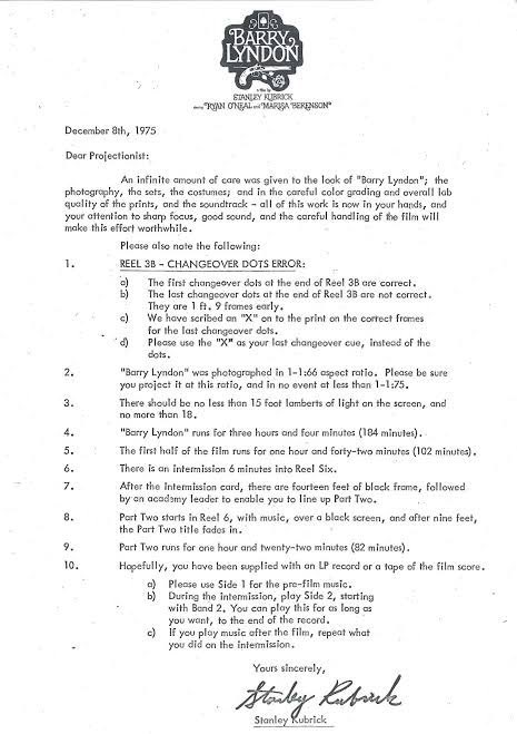 cacmrg's tweet photo. letters to projectionists. 
barry lyndon, kubrick. 
mulholland drive, lynch. 
the tree of life, malick. 
indiana jones, spielberg. https://t.co/71RA359tdx