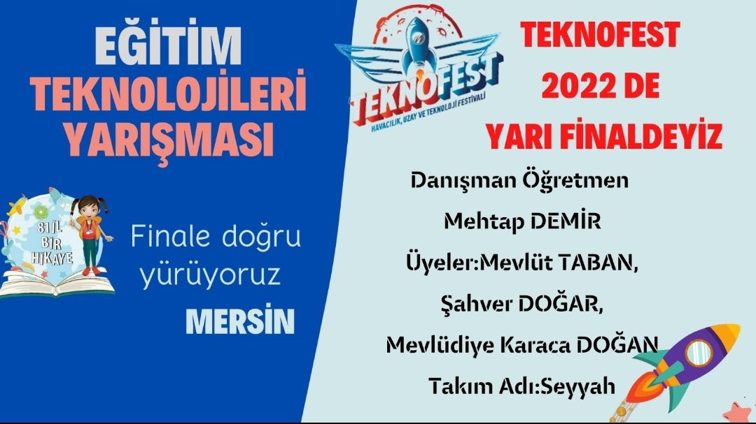 Teknofest 2022 Eğitim Teknolojileri kategorisinde 91 puan alarak yarı finale yükseldik.Kaldı 1 aşama.Bekle bizi <a href="/teknofest/">TEKNOFEST</a> Bekle bizi Samsun!!
<a href="/batuhan__bingol/">Batuhan Bingöl</a> 
<a href="/AdemKoca46/">Adem Koca</a>
@harungergin 
<a href="/MersinMEM_ARGE/">Mersin MEM AR-GE</a>
<a href="/mut_mem/">Mut İlçe MEM</a> <a href="/eTwinningMersin/">eTwinning Mersin</a>
<a href="/ibrahim_oguz/">İbrahim OĞUZ</a> <a href="/HuseyinUysal_33/">Hüseyin Uysal</a>
<a href="/mutcumhuriyetIO/">Mut Cumhuriyet İlkokulu</a>
