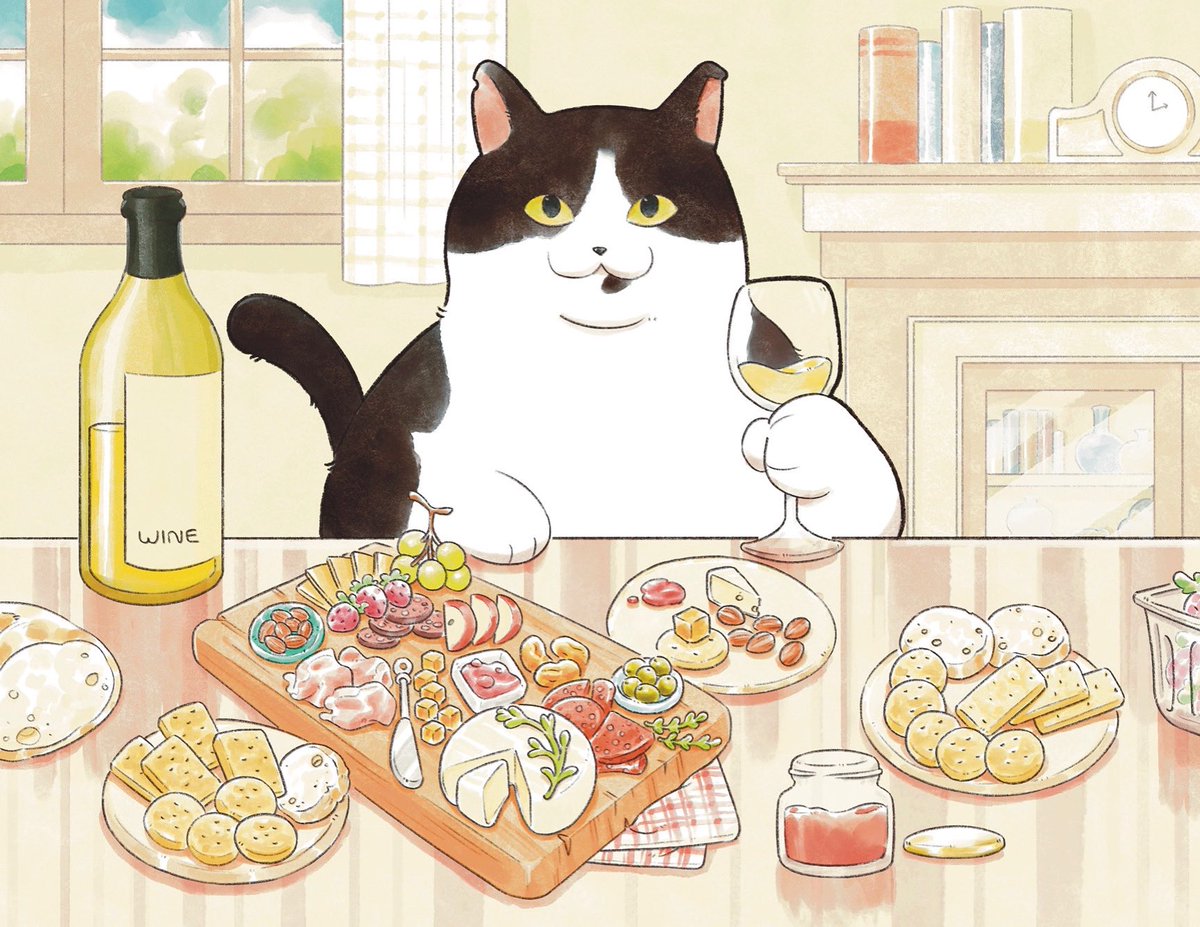 Remuvou2's tweet photo. A cat enjoying charcuterie and some wine, commissioned by an anonymous. https://t.co/w53302Ck4r