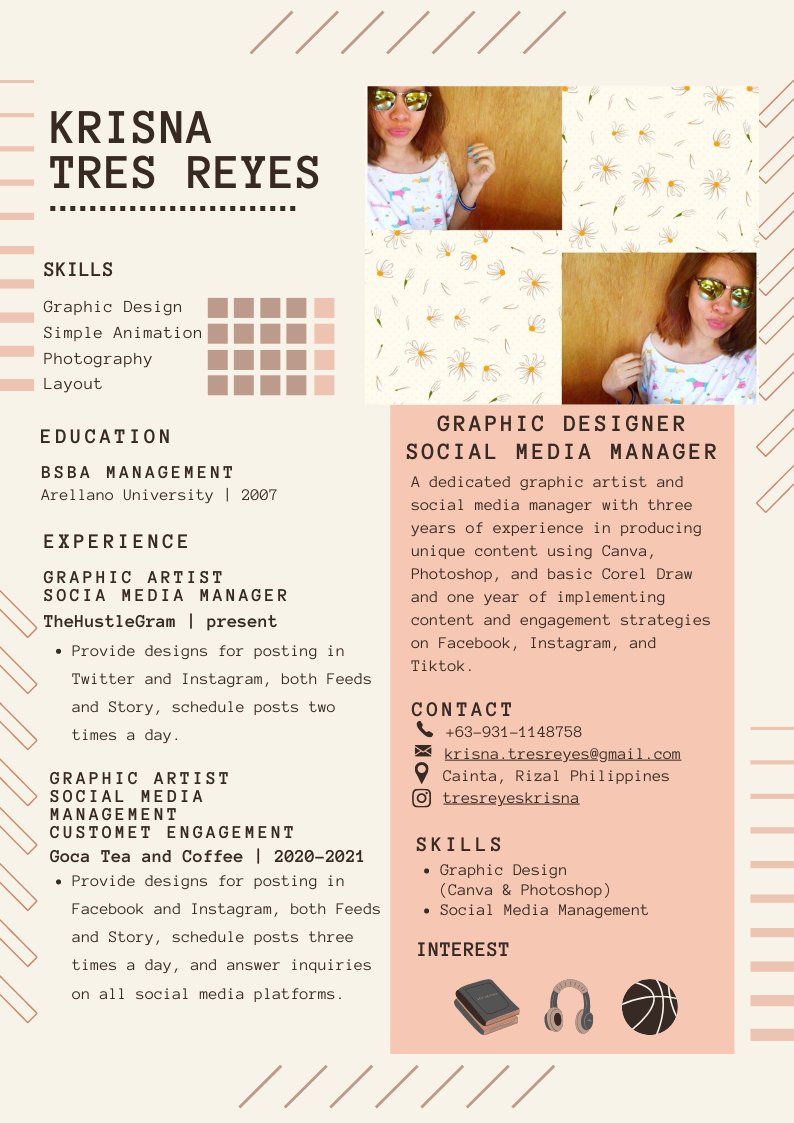 krisnastree's tweet photo. A dedicated graphic artist and social media manager with three years of experience in producing unique content using Canva, Photoshop, and basic Corel Draw and one year of implementing content and engagement strategies on Facebook, Instagram, and Tiktok. https://t.co/XDzTOr5Wns
