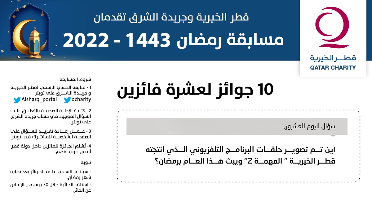 🌙قطر الخيرية وصحيفة الشرق تقدمان مسابقة رمضان 1443- 2022

⁉️ سؤال اليوم العشرون:

✅  أين تم تصوير حلقات البرنامج التلفزيوني الذي أنتجته قطر الخيرية "المهمة 2" ويبث هذا العام برمضان؟

🔴تعرف على شروط المسابقة⏬:
 #الشرق_في_رمضان_غير
<a href="/qcharity/">Qatar Charity | قطر الخيرية</a>