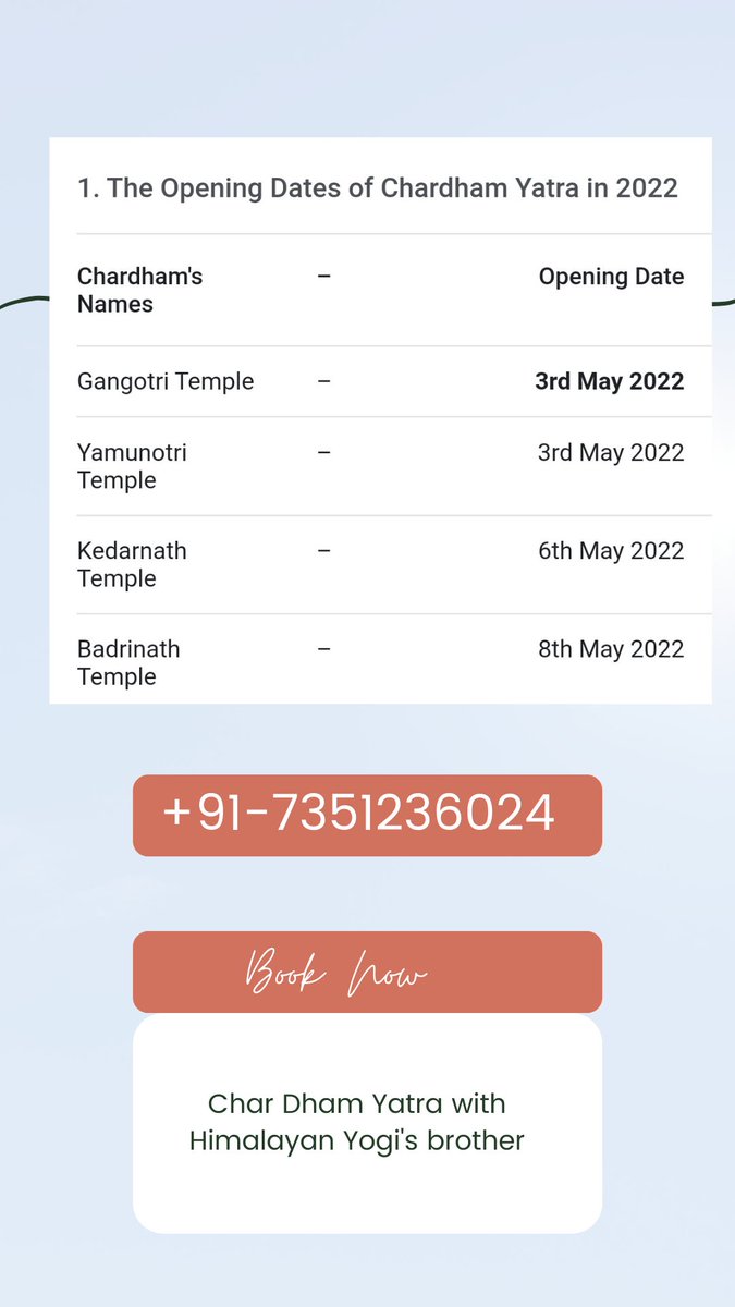 Yogisticlife's tweet photo. Chardham Yatra Trip with Us Time for Transformation Journey Connect within your true nature 🙏🏾💕🙏🏾
.
.
.
Start book now 👇
https://t.co/f3MuckZ9Cu
.
.
https://t.co/oUM8BEJIPY
.
.
#yatra #ChardhamYatra #kedarnath #badrinath #gangotri #yamnotri #himalayas #trip #temple https://t.co/sfLIYFaqBv