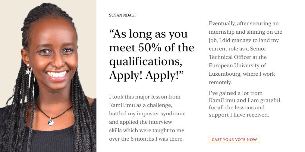 KamiLimu's tweet photo. Are you convinced that we indeed change lives?

Today, Susan shares how KamiLimu helped her gain the confidence to apply for roles, even if she was only half-qualified. https://t.co/ykEHS4MSSe