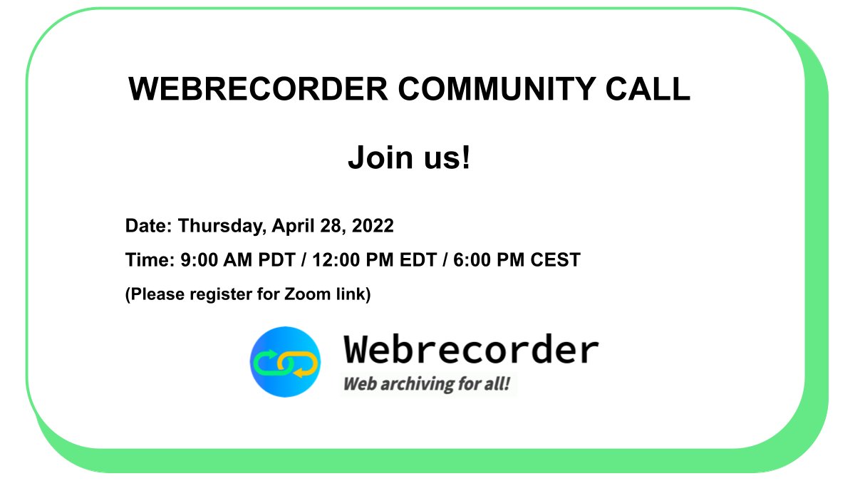 webrecorder_io's tweet photo. The Webrecorder April Community Call is will be on Thurs, April 28th!
Join us if you have questions or want to learn more about Webrecorder tools, including the new https://t.co/A4v36Gn0l7 !
Sign-up here:
https://t.co/W7sdTIrheU
#WebArchiveWednesday https://t.co/tfqZXUIWzx