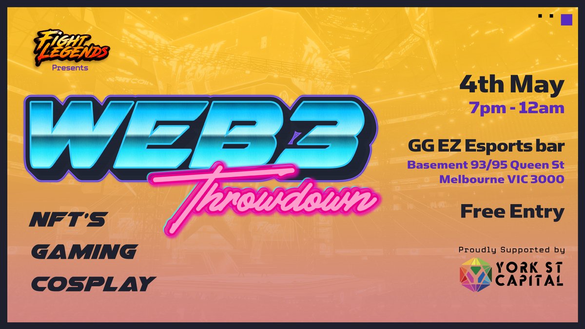 NFT's, Gaming &amp; Cosplay! 🔥

This huge live IRL event will be a Web 3 Throwdown hangout mixing Esports, special guest appearances plus FREE food and drinks!

Come test your skills and be some of the first to experience the new Fight Legends game demo!

moshtix.com.au/v2/event/fight…