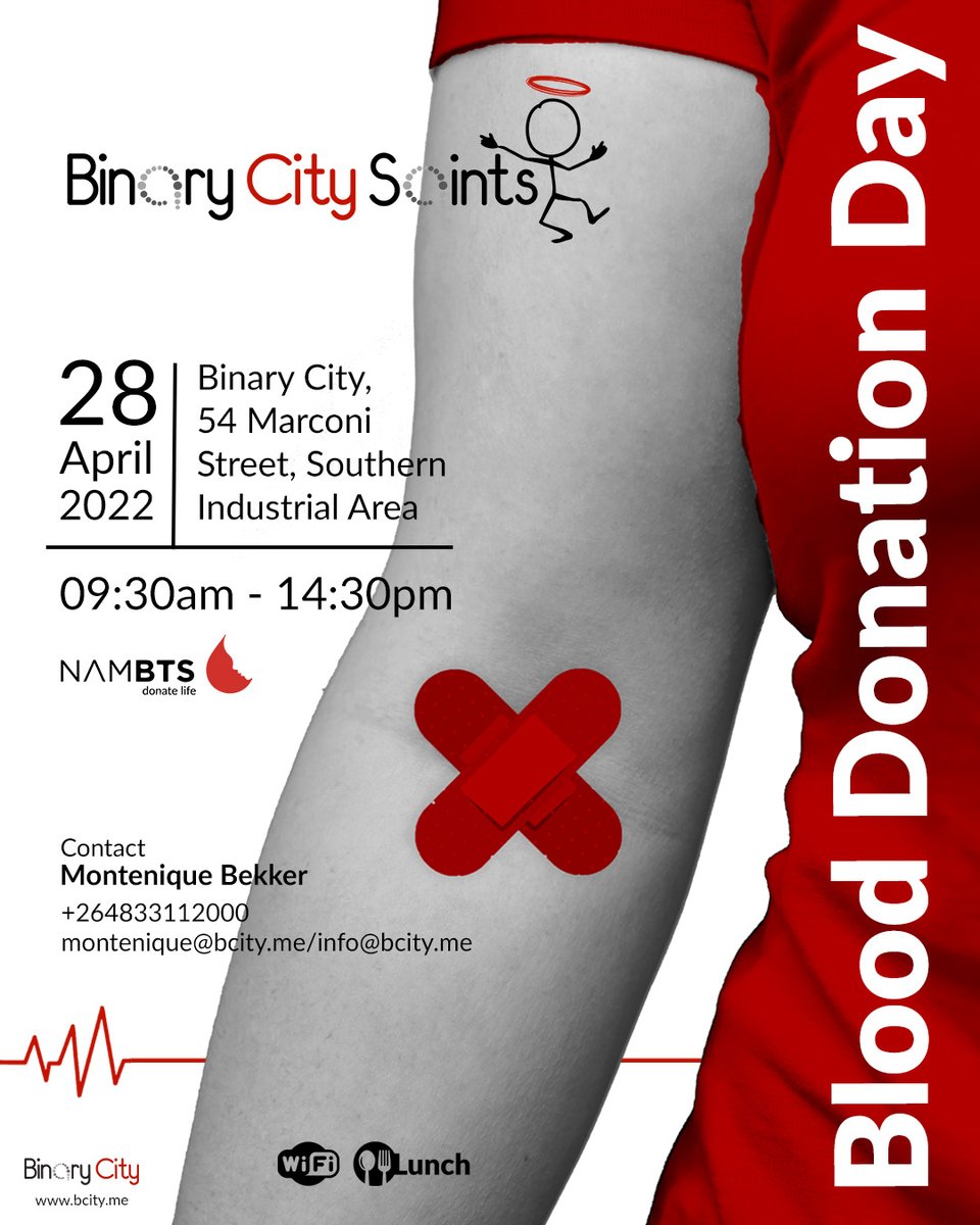 Just 1 donation can save up to 3 lives.

BC Saints together with <a href="/NamBTService/">DONATE BLOOD TO SAVE A LIFE</a> is hosting another Blood Donation Day at Binary City head offices in Windhoek, Namibia.  

#bcsaints #binarycity #nambts #blooddonationday #save3lives
bcity.me