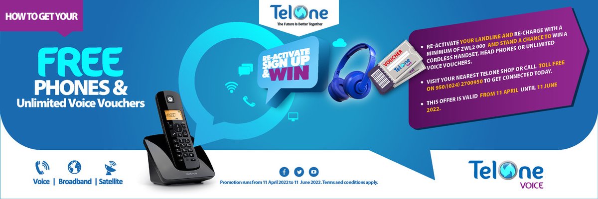 TelOneZW's tweet photo. Re-activate your landline and Re-charge with a minimum of ZWL2 000 and stand a chance to win exciting prizes!
#TheFutureIsBetterTogether
#signupandwin
#TelOne https://t.co/F5wsXXxi1u