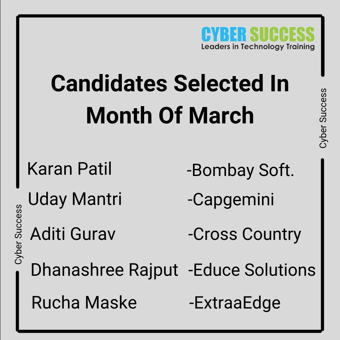 CyberSuccess_CS's tweet image. Congratulations to start your career In IT field in Month Of March
For more update 👇
Call Us Now👉 +91-9168665643/44
Visit Us👉 cybersuccess.biz
#TrainingCourses #PythonDeveloperCourse #itcourse #jobvacancy #ITJob #itjobopportunity #freshersjobs #softwaredeveloper