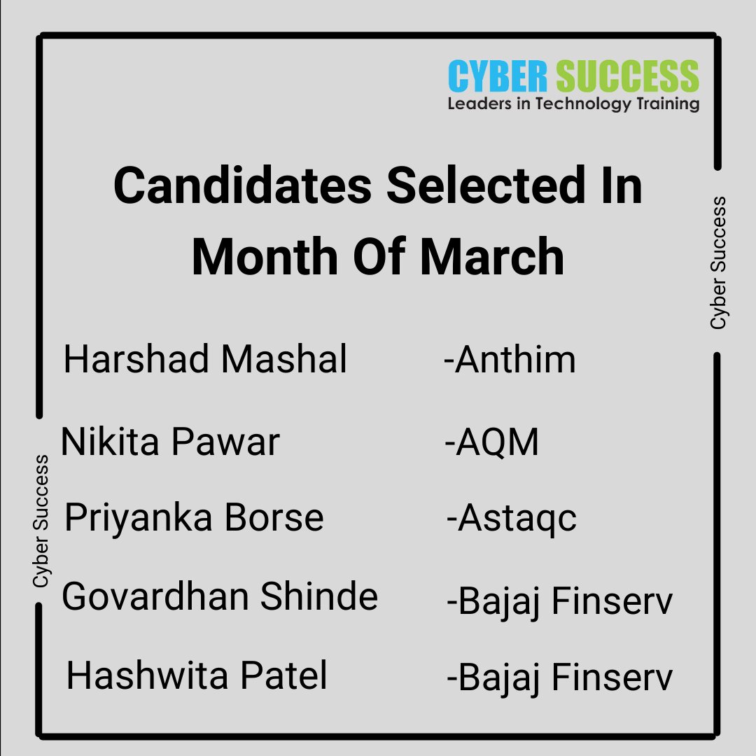 CyberSuccess_CS's tweet image. Congratulations to start your career In IT field in Month Of March
For more update 👇
Call Us Now👉 +91-9168665643/44
Visit Us👉 cybersuccess.biz
#TrainingCourses #PythonDeveloperCourse #itcourse #jobvacancy #ITJob #itjobopportunity #freshersjobs #softwaredeveloper