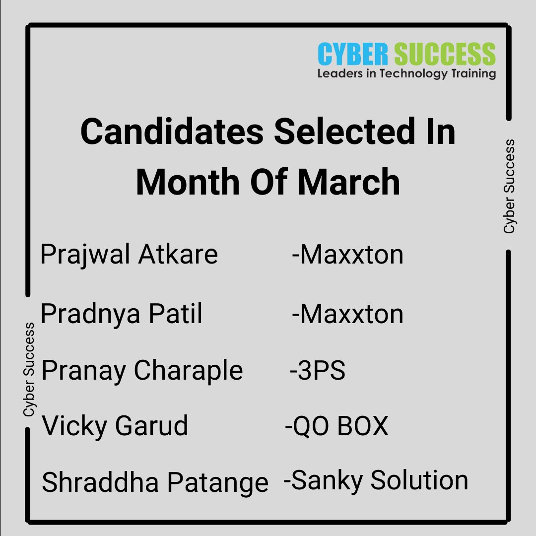 CyberSuccess_CS's tweet image. Congratulations to start your career In IT field in Month Of March
For more update 👇
Call Us Now👉 +91-9168665643/44
Visit Us👉 cybersuccess.biz
#TrainingCourses #PythonDeveloperCourse #itcourse #jobvacancy #ITJob #itjobopportunity #freshersjobs #softwaredeveloper