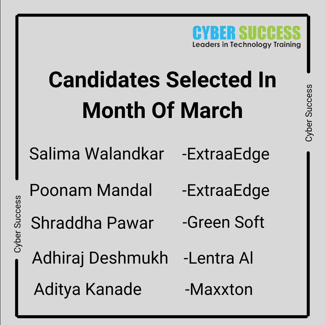 CyberSuccess_CS's tweet image. Congratulations to start your career In IT field in Month Of March
For more update 👇
Call Us Now👉 +91-9168665643/44
Visit Us👉 cybersuccess.biz
#TrainingCourses #PythonDeveloperCourse #itcourse #jobvacancy #ITJob #itjobopportunity #freshersjobs #softwaredeveloper