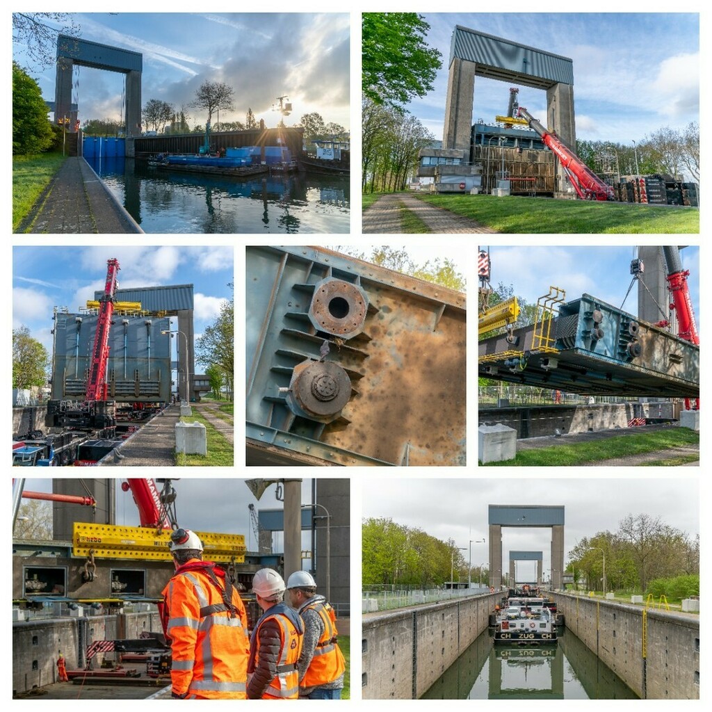 re_touched's tweet photo. In de westkolk van sluis Weurt leggen twee enorme kranen de middelste hefdeur op een ponton voor transport naar de werf. Daar wordt hij de komende tijd volledig gerenoveerd. 📸😎🚧#fotoreportage #sluisweurt #heavystuff #photography #workingday #rws #zandbeek #lifting #mammoet # https://t.co/jUz9ylExvn