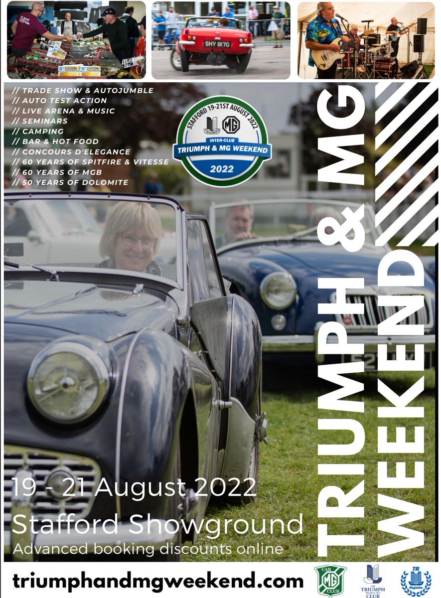 TriumphSSixClub's tweet photo. Tickets are to go on sale Tomorrow. Friday 22nd April at 11am for the Triumph & MG Weekend at Stafford Showground Camping entertainment lots of cars autojumble autosolo, trade stands lots to see & do. ๐ https://t.co/R6kEGLU1Bg ALL WELCOME ๐ #TSSC #Triumph #MG #Interclubweekend https://t.co/afRwXw0llr