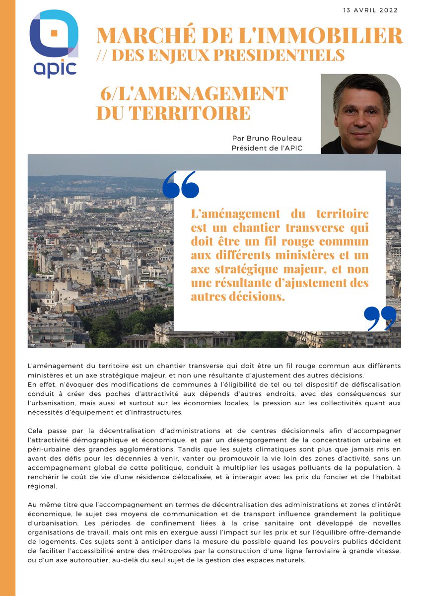 J-3 avant le 2ème l'élection : le message de Bruno Rouleau, président de l'Apic, aux candidats sur l'enjeu de l'aménagement du territoire... peu abordé hier lors du débat