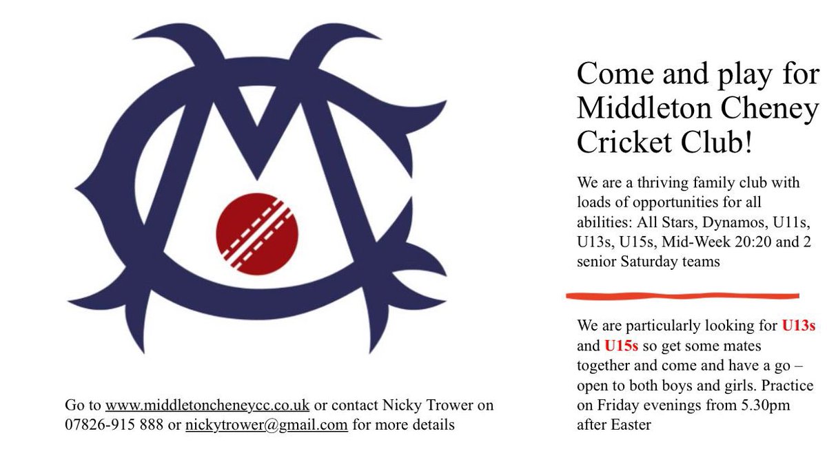 middleton_cc's tweet photo. With the season start just days away we are always looking for new members, players of all ages and abilities welcome. Contact us to join your local friendly, sociable and welcoming village cricket club #middletoncheney #cricketforall #villagecricket #communityclub https://t.co/u9jZ1EVXjd